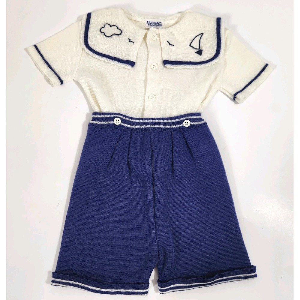 Vintage Friedknit Creations 18M Sailor Knit Romper Nautical Boat Baby Boy Outfit